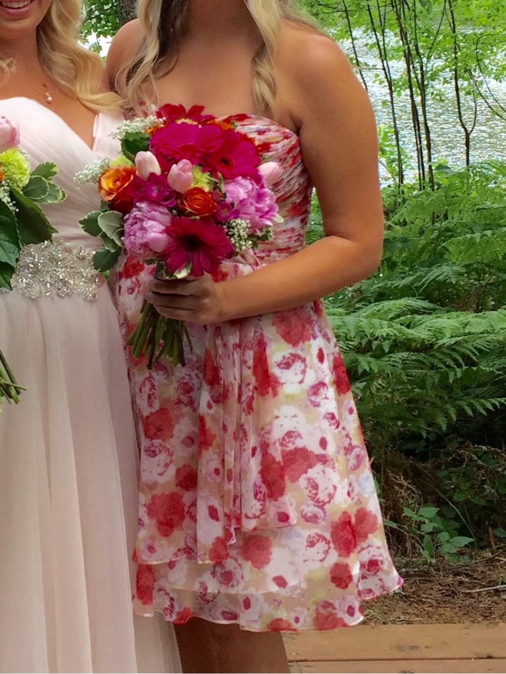 Strapless Pink Floral Chiffon Dress